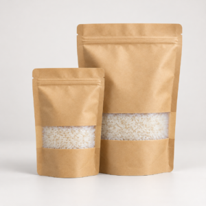 Bolsa doypack de papel kraft acabado mate trilaminadas con ventana rectangular transparente (100 unidades)