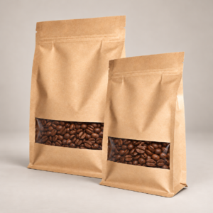 Bolsas doypack de papel kraft natural trilaminadas con base plana y ventana transparente (500 unid.)