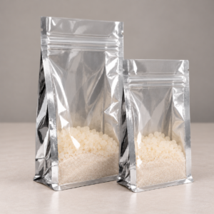 Bolsas doypack trilaminadas con un lado transparente y base plana (1,000 unidades)